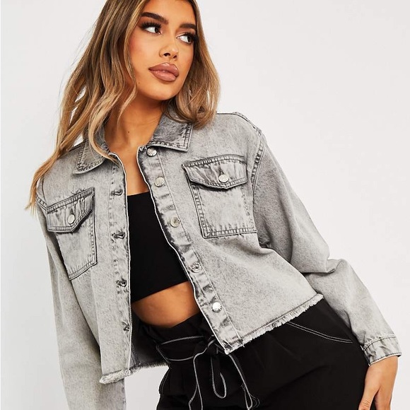 GREY ACID FRAYED HEM CROPPED DENIM JACKET - CARYN size 4 - Picture 1 of 8
